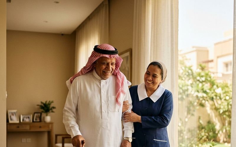 عاملة ترافق جدًا في منزله